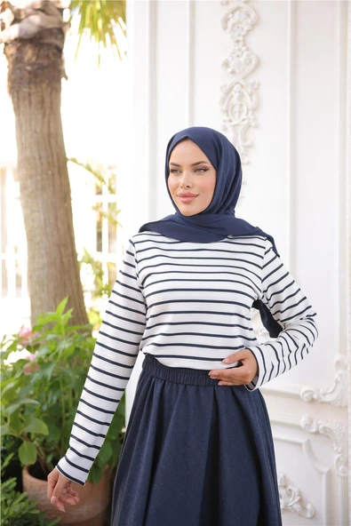 O Yaka Yatay Çizgili Uzun Kollu Kısa Yırtmaçlı Kısa Tunik - (38-46) - 71296 - Lacivert - Resim 2