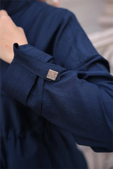 Balıkçı Yaka Belden Lastikli Cepli Metal Düğme Detaylı İkili Tesettür Eşofman Takımı - (38-46) - 71292 - Lacivert - Resim 6