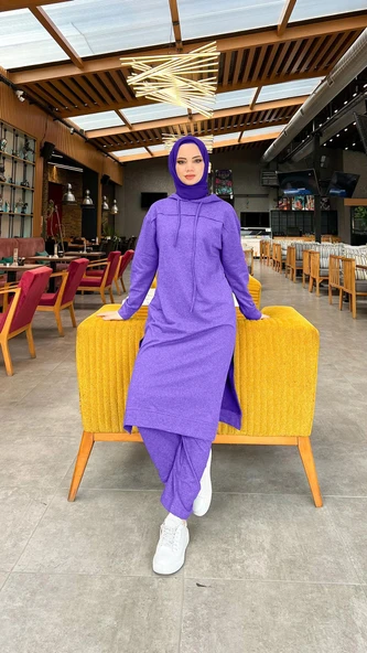 Uzun Tunik Kapşonlu Kenardan Yırtmaçlı İkili Spor Takım - 03034-1.207 - Koyu Lila - Resim 2