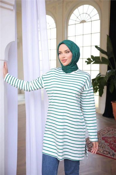 O Yaka Yatay Çizgili Uzun Kollu Kısa Yırtmaçlı Tunik - (38-46) - 71295 - Koyu Yeşil - Resim 5