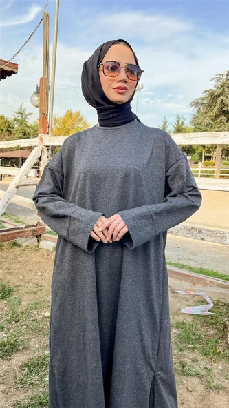 O Yaka Yırtmançlı Uzun Geniş Rahat Tunik Pantolon Sade Basic Spor Takımı - 03040-1.017 - Antrasit - Resim 2