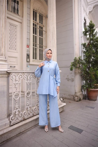 Gömlek Yaka Belden Yarı Bağcıklı Cepli Metal Düğme Detaylı İkili Tesettür Eşofman Takımı - (38-46) - 71293 - İndigo - 2