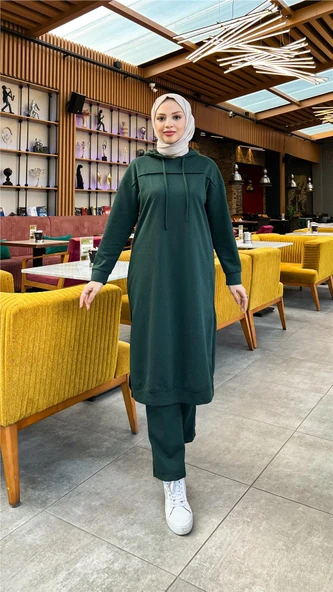 Uzun Tunik Kapşonlu Kenardan Yırtmaçlı İkili Spor Takım - 03034-1.021 - Nefti - Resim 11