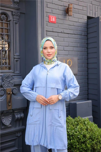 Fermuarlı Kapşonlu Cepli Kısa İkili Tesettür Eşofman Takımı - (38-46) - 71280 - İndigo - Resim 5