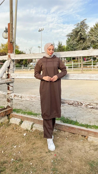 Uzun Tunik Kapşonlu Kenardan Yırtmaçlı İkili Spor Takım - 03034-1.028 - Kahverengi - 4
