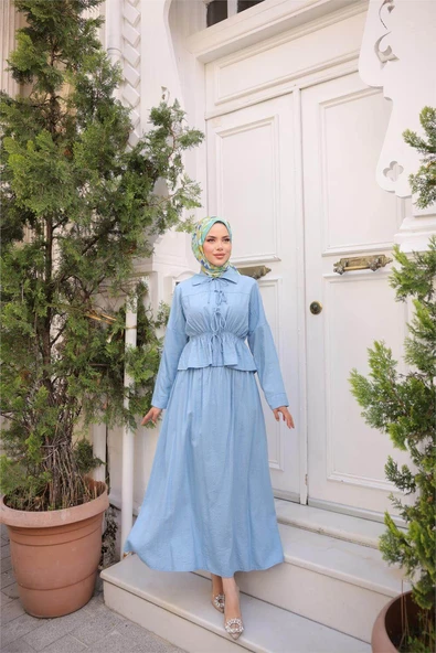 Gömlek Yaka Büzgülü, Bağcıklı Kısa Tunik Dökümlü Etek Takımı - (38-46) - 71291 - İndigo ürün görseli