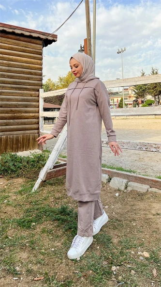 Uzun Tunik Kapşonlu Kenardan Yırtmaçlı İkili Spor Takım - 03034-1.016 - Vizon - Resim 6