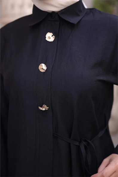 Gömlek Yaka Belden Yarı Bağcıklı Cepli Metal Düğme Detaylı İkili Tesettür Eşofman Takımı - (38-46) - 71293 - Siyah - Resim 6