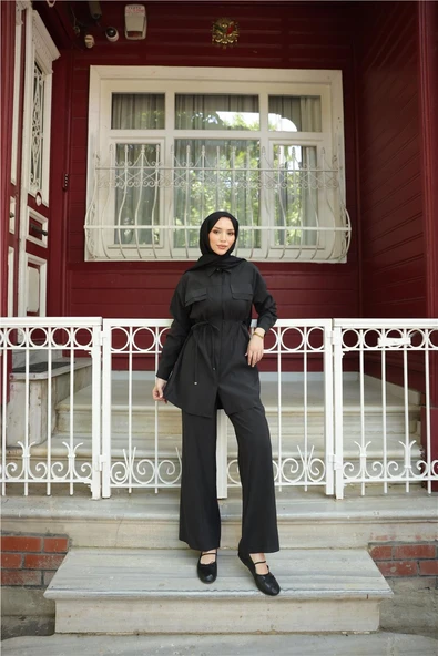 Gömlek Yaka Belden Bağcıklı Kısa Tunik İkili Tesettür Eşofman Takımı - (38-46) - 71299 - Siyah - Resim 2