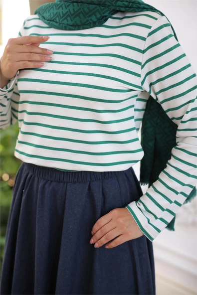 O Yaka Yatay Çizgili Uzun Kollu Kısa Yırtmaçlı Kısa Tunik - (38-46) - 71296 - Koyu Yeşil - Resim 6