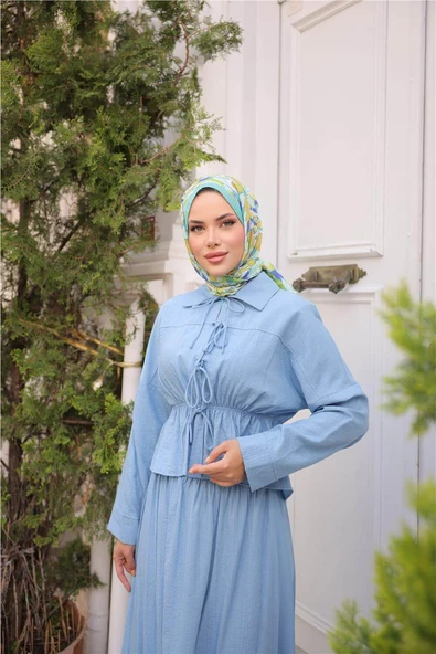 Gömlek Yaka Büzgülü, Bağcıklı Kısa Tunik Dökümlü Etek Takımı - (38-46) - 71291 - İndigo - Resim 5