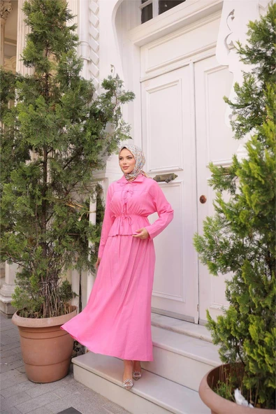 Gömlek Yaka Büzgülü, Bağcıklı Kısa Tunik Dökümlü Etek Takımı - (38-46) - 71291 - Fuşya - Resim 2