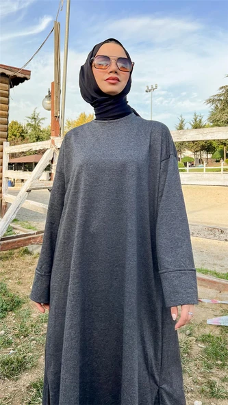 O Yaka Yırtmançlı Uzun Geniş Rahat Tunik Pantolon Sade Basic Spor Takımı - 03040-1.017 - Antrasit - Resim 7