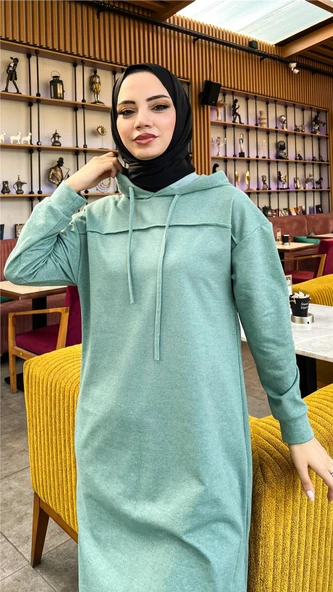 Uzun Tunik Kapşonlu Kenardan Yırtmaçlı İkili Spor Takım - 03034-1.100 - Çağla Yeşili - Resim 8