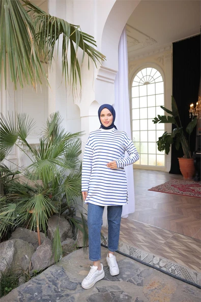 O Yaka Yatay Çizgili Uzun Kollu Kısa Yırtmaçlı Tunik - (38-46) - 71295 - Saks - Resim 4