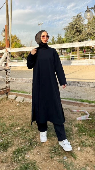 O Yaka Yırtmançlı Uzun Geniş Rahat Tunik Pantolon Sade Basic Spor Takımı - 03040-1.003 - Siyah - Resim 5