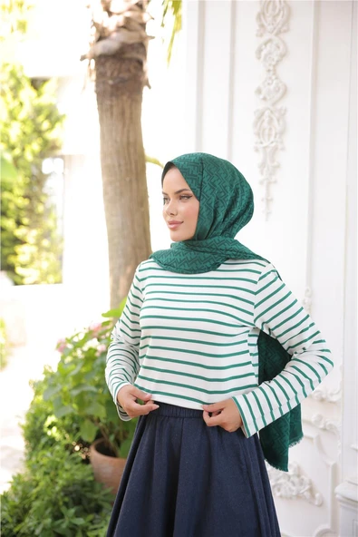 O Yaka Yatay Çizgili Uzun Kollu Kısa Yırtmaçlı Kısa Tunik - (38-46) - 71296 - Koyu Yeşil - Resim 5