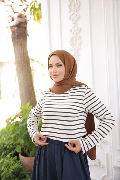 O Yaka Yatay Çizgili Uzun Kollu Kısa Yırtmaçlı Kısa Tunik - (38-46) - 71296 - Kahverengi ürün görseli