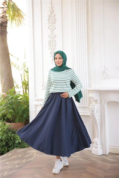 O Yaka Yatay Çizgili Uzun Kollu Kısa Yırtmaçlı Kısa Tunik - (38-46) - 71296 - Koyu Yeşil - Resim 3