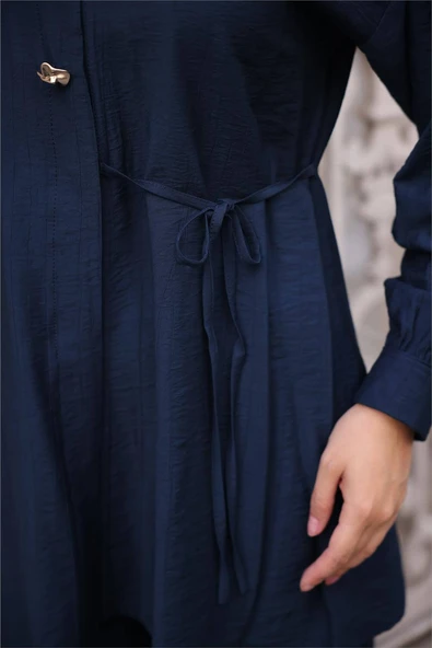 Gömlek Yaka Belden Yarı Bağcıklı Cepli Metal Düğme Detaylı İkili Tesettür Eşofman Takımı - (38-46) - 71293 - Lacivert - Resim 6