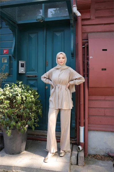Belden Bağcıklı Büzgülü Kısa Tunik İkili Tesettür Eşofman Takımı - (38-46) - 71298 - Bej - 3