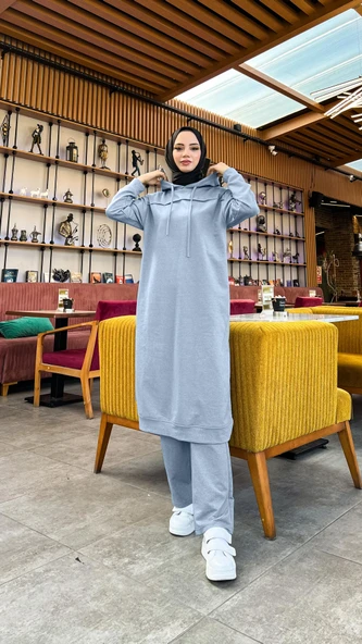 Uzun Tunik Kapşonlu Kenardan Yırtmaçlı İkili Spor Takım - 03034-1.006 - İndigo - 4