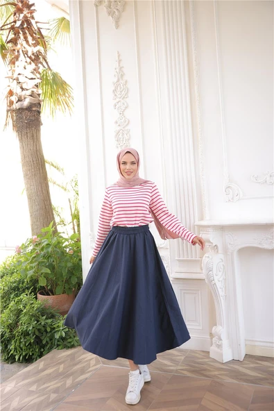 O Yaka Yatay Çizgili Uzun Kollu Kısa Yırtmaçlı Kısa Tunik - (38-46) - 71296 - Fuşya - Resim 2