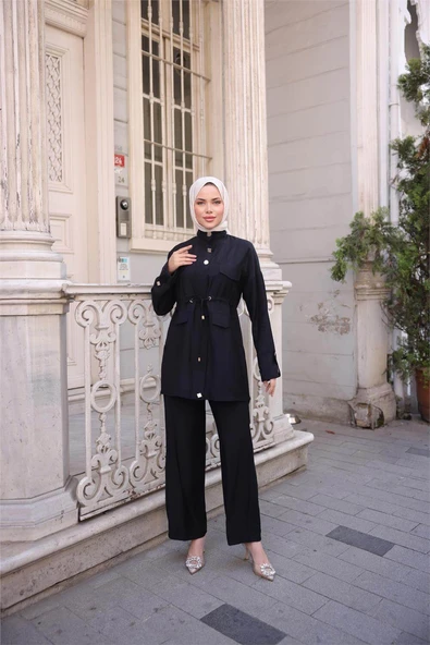 Balıkçı Yaka Belden Lastikli Cepli Metal Düğme Detaylı İkili Tesettür Eşofman Takımı - (38-46) - 71292 - Siyah - Resim 3