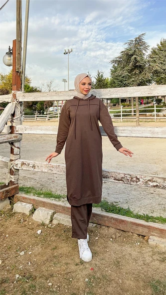 Uzun Tunik Kapşonlu Kenardan Yırtmaçlı İkili Spor Takım - 03034-1.028 - Kahverengi - 5