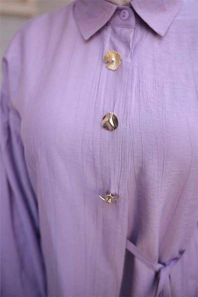 Gömlek Yaka Belden Yarı Bağcıklı Cepli Metal Düğme Detaylı İkili Tesettür Eşofman Takımı - (38-46) - 71293 - Koyu Lila - Resim 7