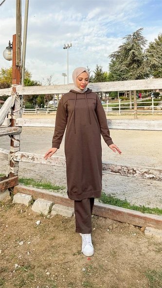 Uzun Tunik Kapşonlu Kenardan Yırtmaçlı İkili Spor Takım - 03034-1.028 - Kahverengi - 7