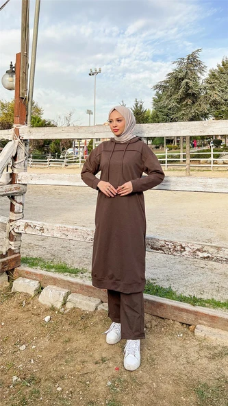 Uzun Tunik Kapşonlu Kenardan Yırtmaçlı İkili Spor Takım - 03034-1.028 - Kahverengi - 8