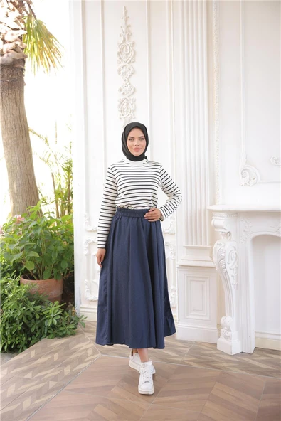 O Yaka Yatay Çizgili Uzun Kollu Kısa Yırtmaçlı Kısa Tunik - (38-46) - 71296 - Siyah - Resim 2