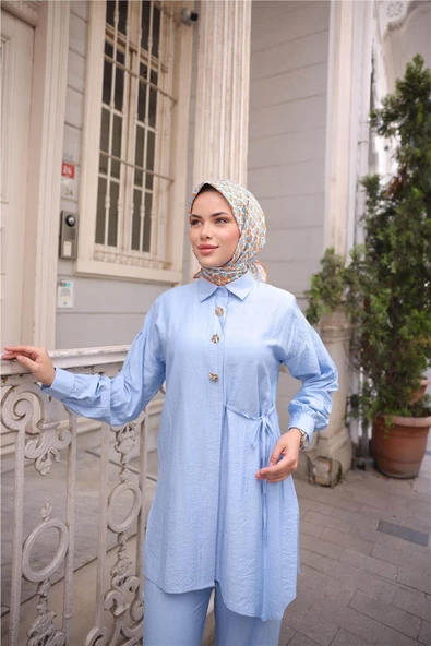 Gömlek Yaka Belden Yarı Bağcıklı Cepli Metal Düğme Detaylı İkili Tesettür Eşofman Takımı - (38-46) - 71293 - İndigo - 3