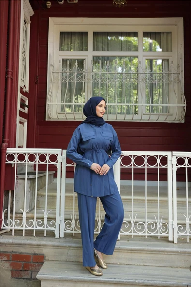 Gömlek Yaka Belden Bağcıklı Kısa Tunik İkili Tesettür Eşofman Takımı - (38-46) - 71299 - İndigo ürün görseli