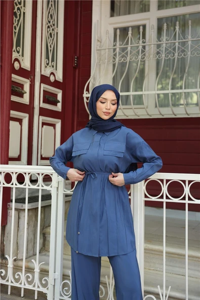 Gömlek Yaka Belden Bağcıklı Kısa Tunik İkili Tesettür Eşofman Takımı - (38-46) - 71299 - İndigo - Resim 4