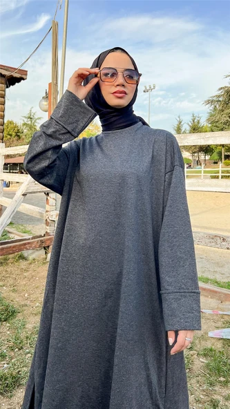 O Yaka Yırtmançlı Uzun Geniş Rahat Tunik Pantolon Sade Basic Spor Takımı - 03040-1.017 - Antrasit - Resim 8