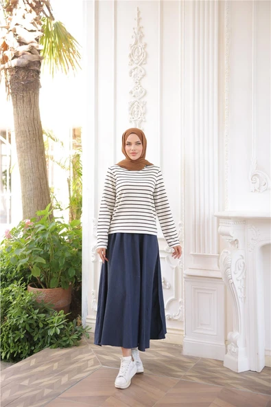 O Yaka Yatay Çizgili Uzun Kollu Kısa Yırtmaçlı Kısa Tunik - (38-46) - 71296 - Kahverengi - Resim 2