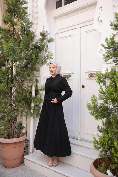 Gömlek Yaka Büzgülü, Bağcıklı Kısa Tunik Dökümlü Etek Takımı - (38-46) - 71291 - Siyah - 2