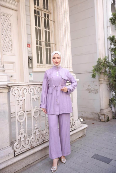 Balıkçı Yaka Belden Lastikli Cepli Metal Düğme Detaylı İkili Tesettür Eşofman Takımı - (38-46) - 71292 - Koyu Lila ürün görseli