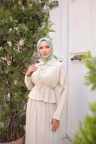 Gömlek Yaka Büzgülü, Bağcıklı Kısa Tunik Dökümlü Etek Takımı - (38-46) - 71291 - Bej - 5