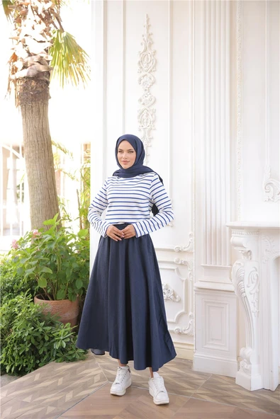 O Yaka Yatay Çizgili Uzun Kollu Kısa Yırtmaçlı Kısa Tunik - (38-46) - 71296 - Saks - Resim 3