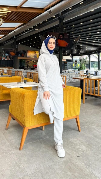 Uzun Tunik Kapşonlu Kenardan Yırtmaçlı İkili Spor Takım - 03034-1.008 - Gri - Resim 6