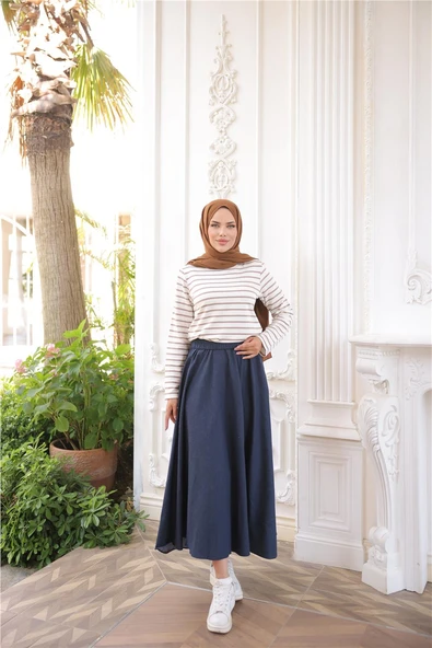 O Yaka Yatay Çizgili Uzun Kollu Kısa Yırtmaçlı Kısa Tunik - (38-46) - 71296 - Vizon - Resim 2