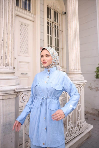 Balıkçı Yaka Belden Lastikli Cepli Metal Düğme Detaylı İkili Tesettür Eşofman Takımı - (38-46) - 71292 - İndigo - Resim 4