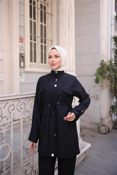 Balıkçı Yaka Belden Lastikli Cepli Metal Düğme Detaylı İkili Tesettür Eşofman Takımı - (38-46) - 71292 - Siyah - Resim 5