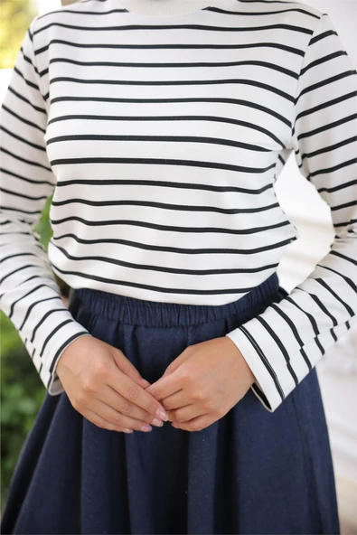 O Yaka Yatay Çizgili Uzun Kollu Kısa Yırtmaçlı Kısa Tunik - (38-46) - 71296 - Lacivert - Resim 5