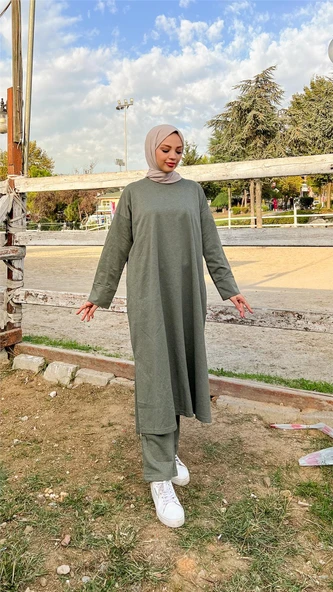 O Yaka Yırtmançlı Uzun Geniş Rahat Tunik Pantolon Sade Basic Spor Takımı - 03040-1.005 - Haki - 2