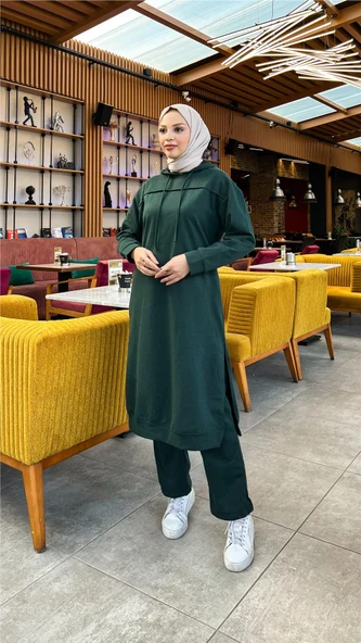 Uzun Tunik Kapşonlu Kenardan Yırtmaçlı İkili Spor Takım - 03034-1.021 - Nefti - Resim 10