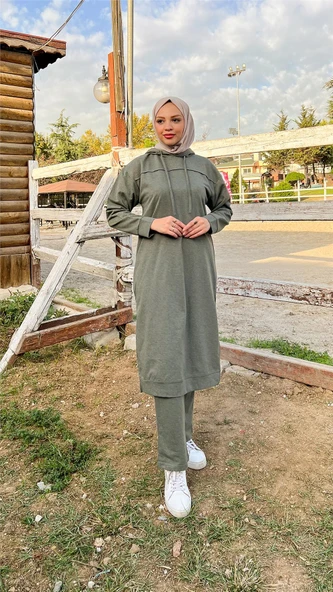 Uzun Tunik Kapşonlu Kenardan Yırtmaçlı İkili Spor Takım - 03034-1.005 - Haki - Resim 3